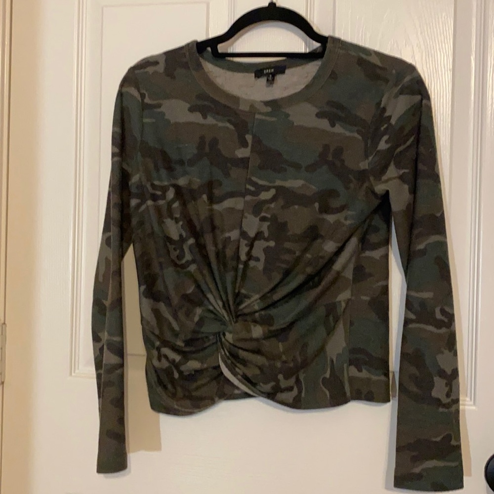Camo Long Sleeve Top with Twist in Front